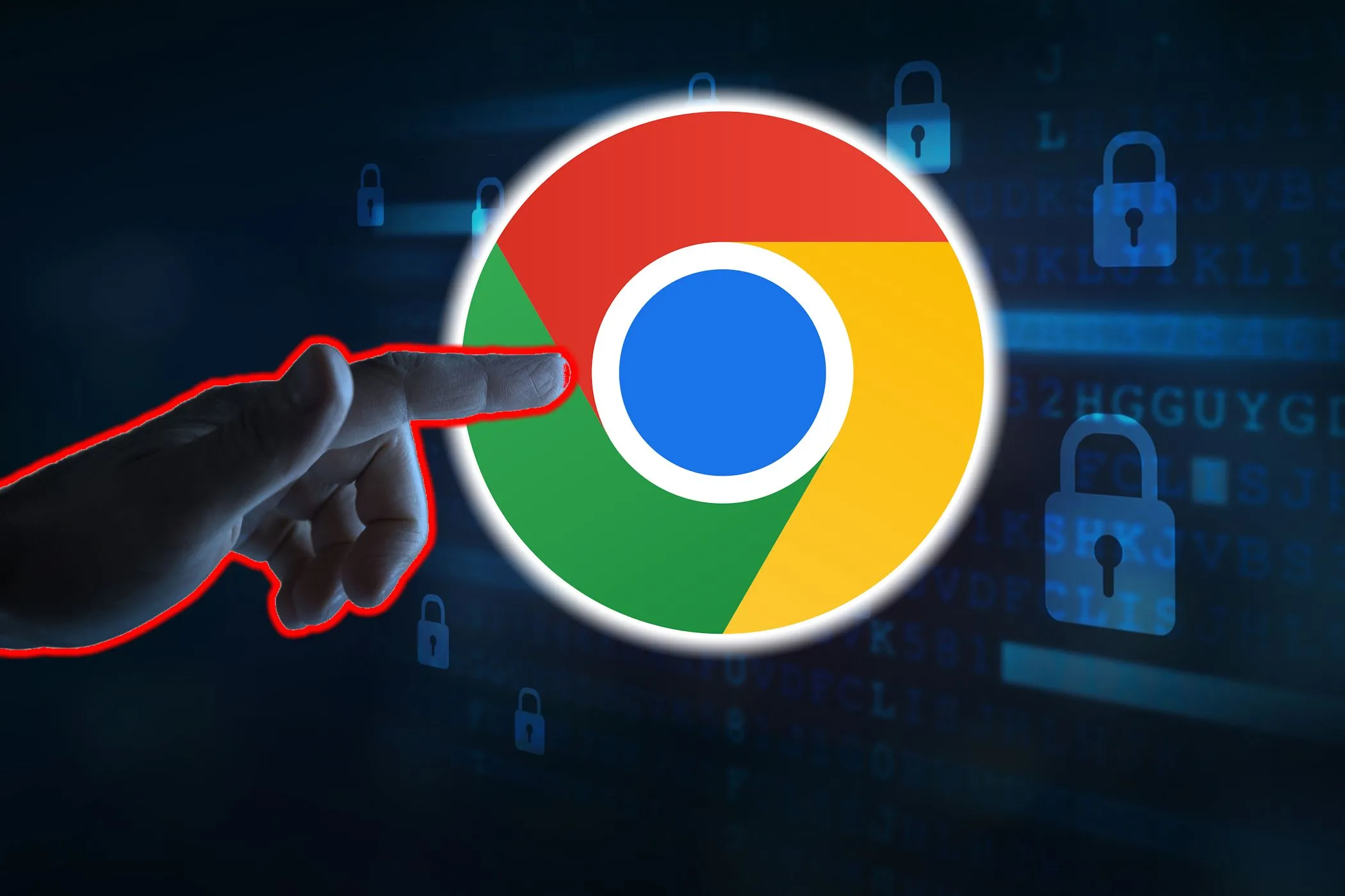 Người dùng đang chỉ vào biểu tượng Google Chrome, tượng trưng cho nguy cơ tấn công mạng và lừa đảo bằng AI nhắm vào các tài khoản trực tuyến.