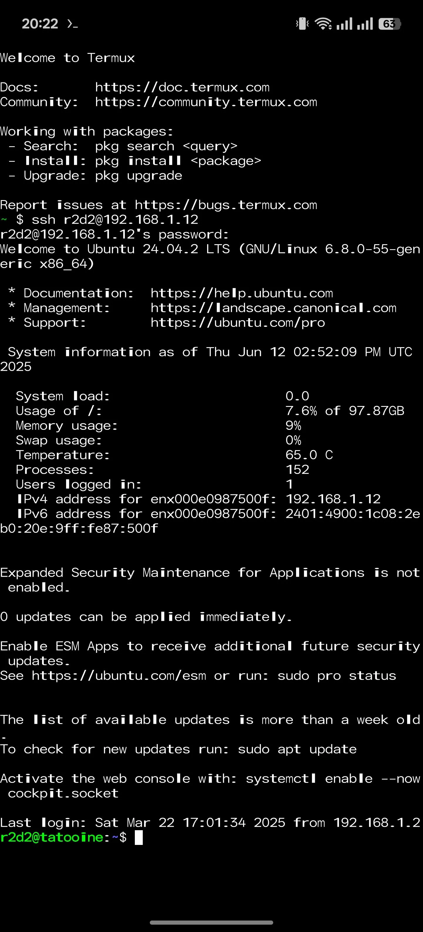 Người dùng đang quản lý máy chủ tại nhà (home server) thông qua ứng dụng Termux trên điện thoại Android