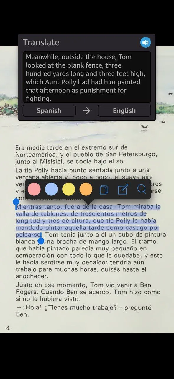 Người dùng đang sử dụng tính năng từ điển trên Kindle để tra cứu từ vựng tiếng Tây Ban Nha trong một cuốn sách