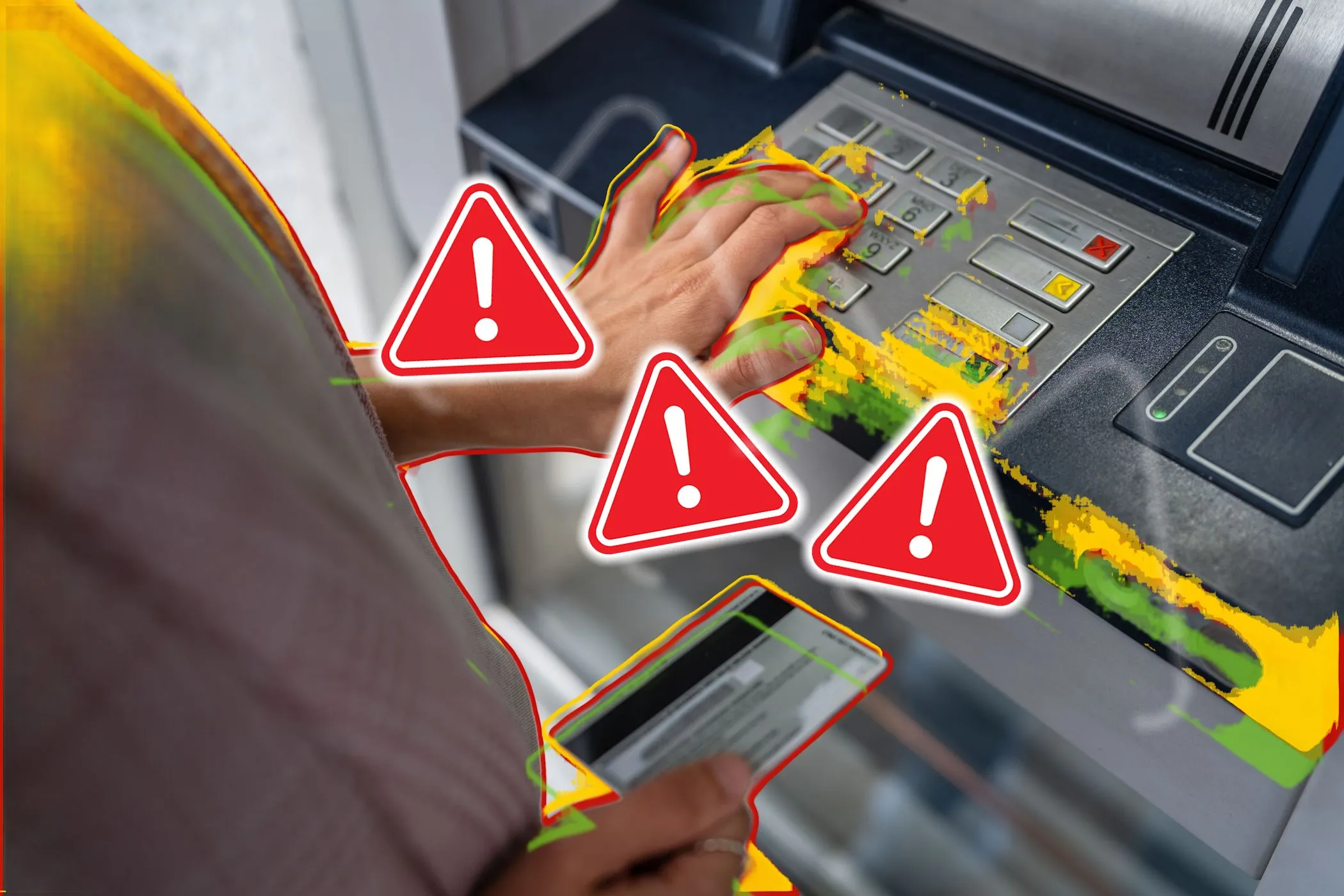 Người dùng đặt thẻ ngân hàng vào máy ATM với các biển báo cảnh báo, minh họa nguy cơ lừa đảo thẻ tín dụng tại máy rút tiền.