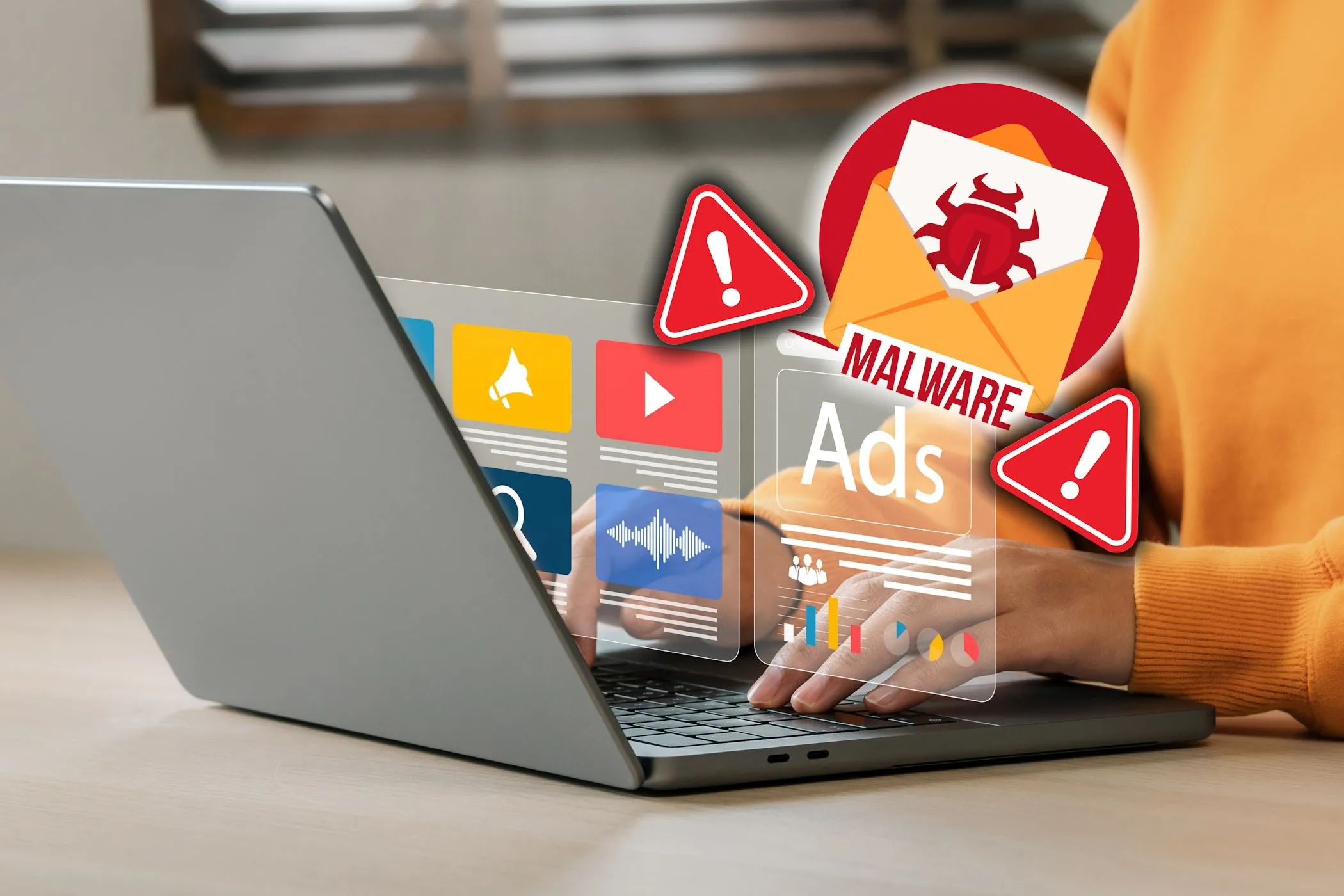 Người dùng duyệt web trên laptop với cảnh báo phần mềm độc hại pop-up giả mạo