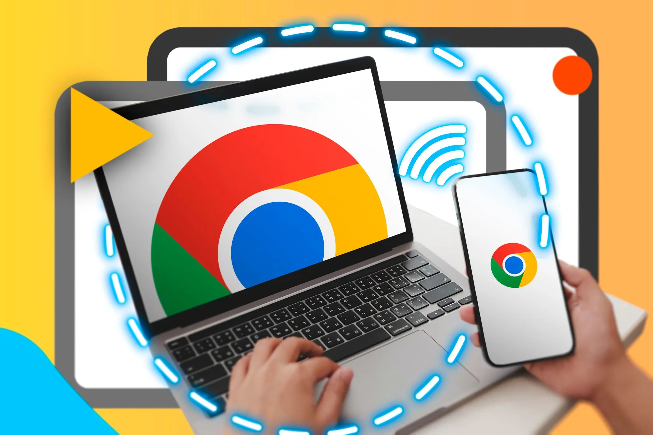Người dùng tương tác với điện thoại thông minh và máy tính xách tay hiển thị logo Google Chrome, tượng trưng cho hiệu suất và khả năng đồng bộ của trình duyệt.
