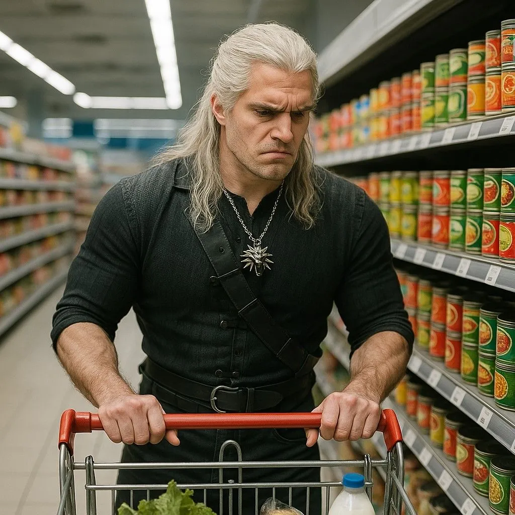 Người giống Geralt of Rivia cau mày mua sắm trong siêu thị hiện đại, tạo bởi ChatGPT 4o