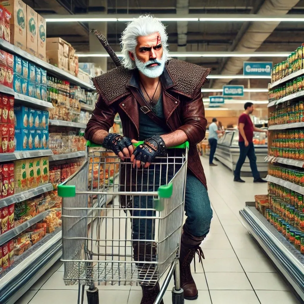 Người giống Geralt of Rivia mua sắm tại siêu thị, tạo bởi DALL-E