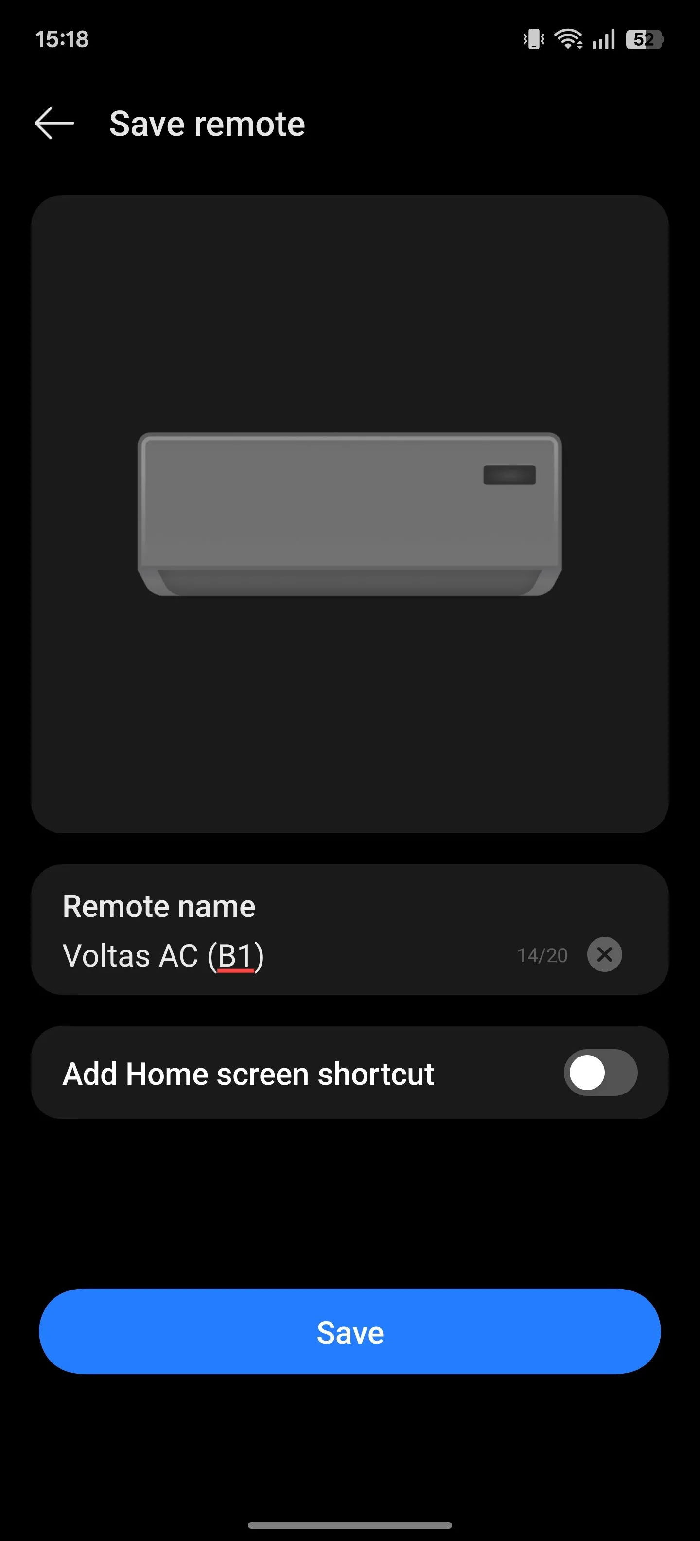 Nhập tên điều khiển từ xa trên màn hình lưu của ứng dụng IR Remote