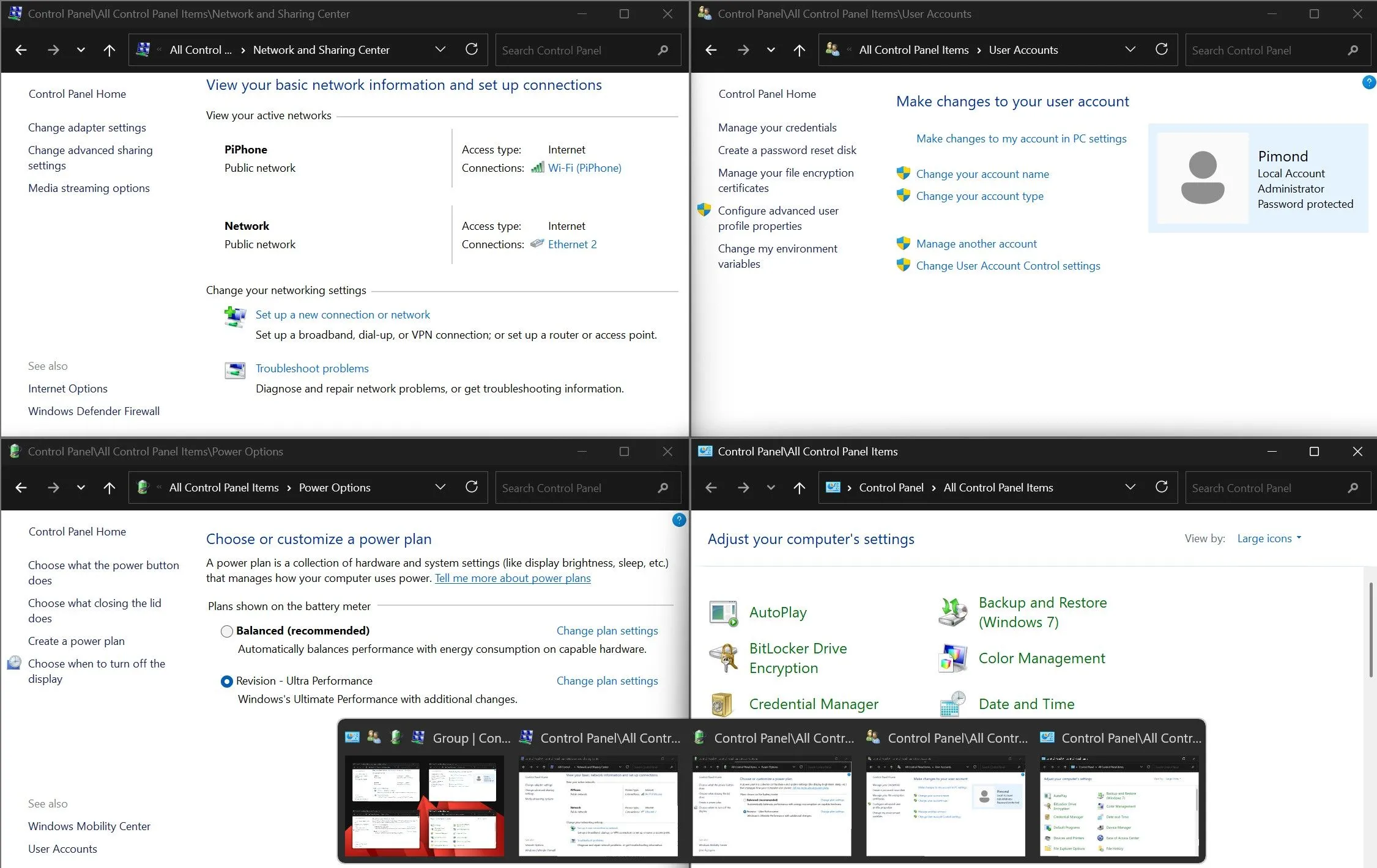 Nhiều cửa sổ Control Panel cùng mở trên Windows 11, đối lập với hạn chế của Settings app.