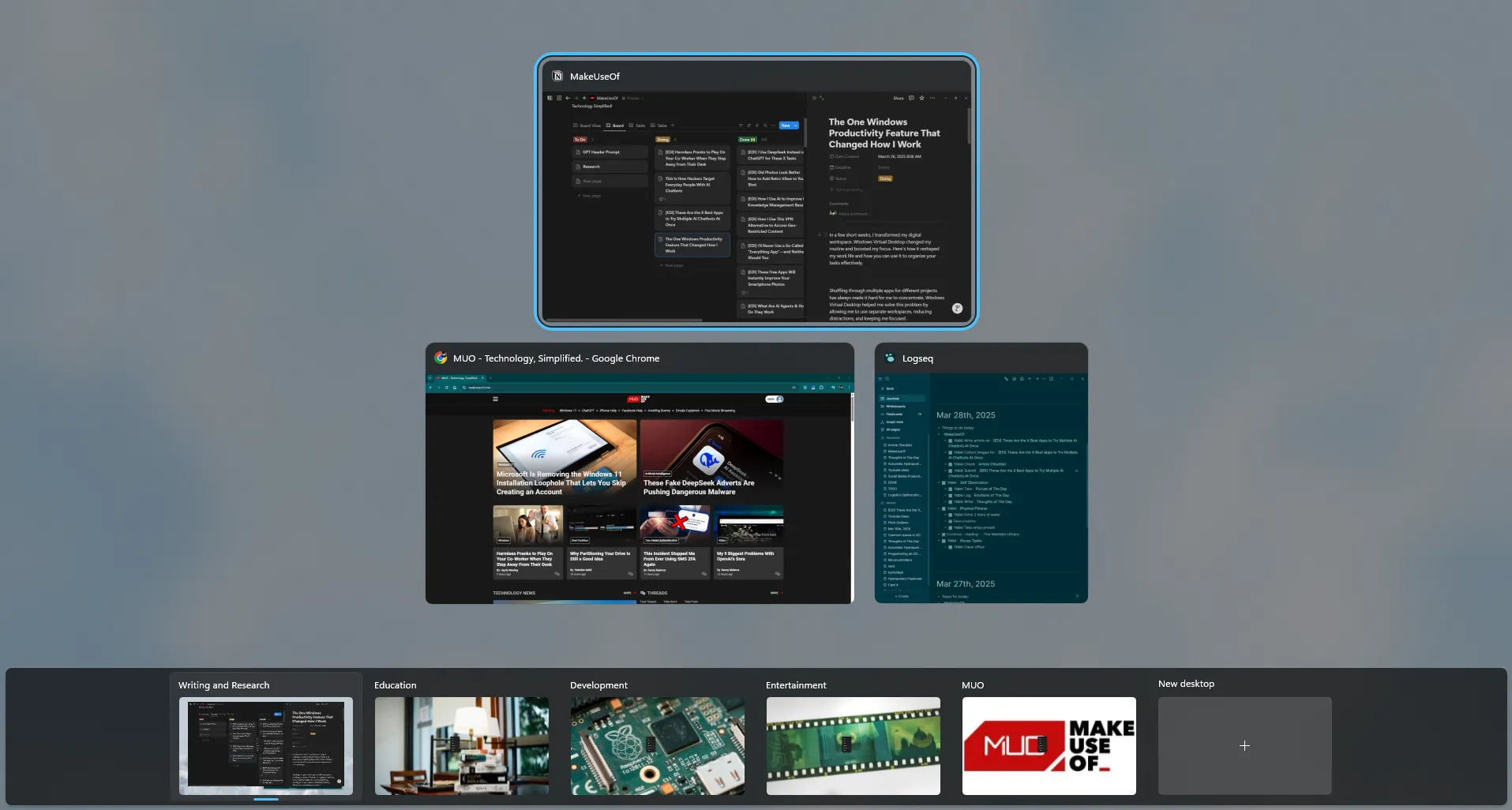 Nhiều màn hình ảo tùy chỉnh được sắp xếp gọn gàng trên Windows