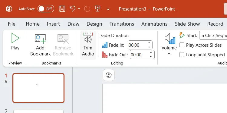 Nút Cắt âm thanh (Trim Audio) trong tab Playback khi chọn một tệp âm thanh trong PowerPoint.