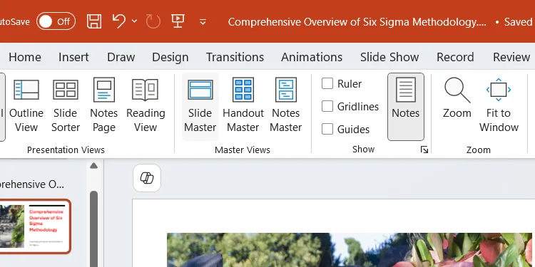 Nút Slide Master trong tab View để truy cập chế độ xem trang chiếu cái.