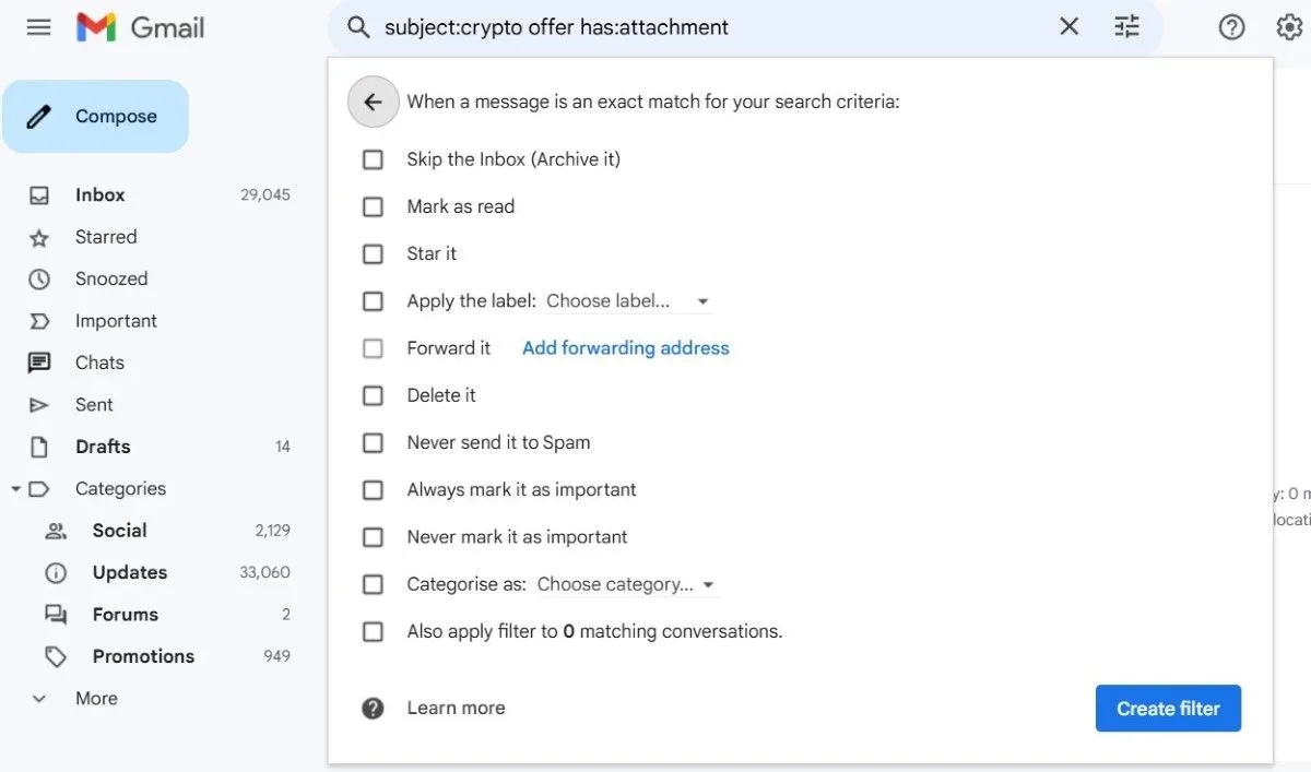 Nút tạo bộ lọc và tùy chọn áp dụng bộ lọc cho các email hiện có trong Gmail