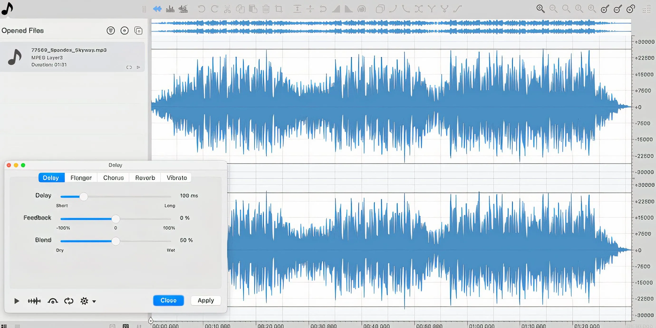 Ocenaudio với hiệu ứng Delay được chọn, minh họa khả năng xem trước thay đổi âm thanh theo thời gian thực.