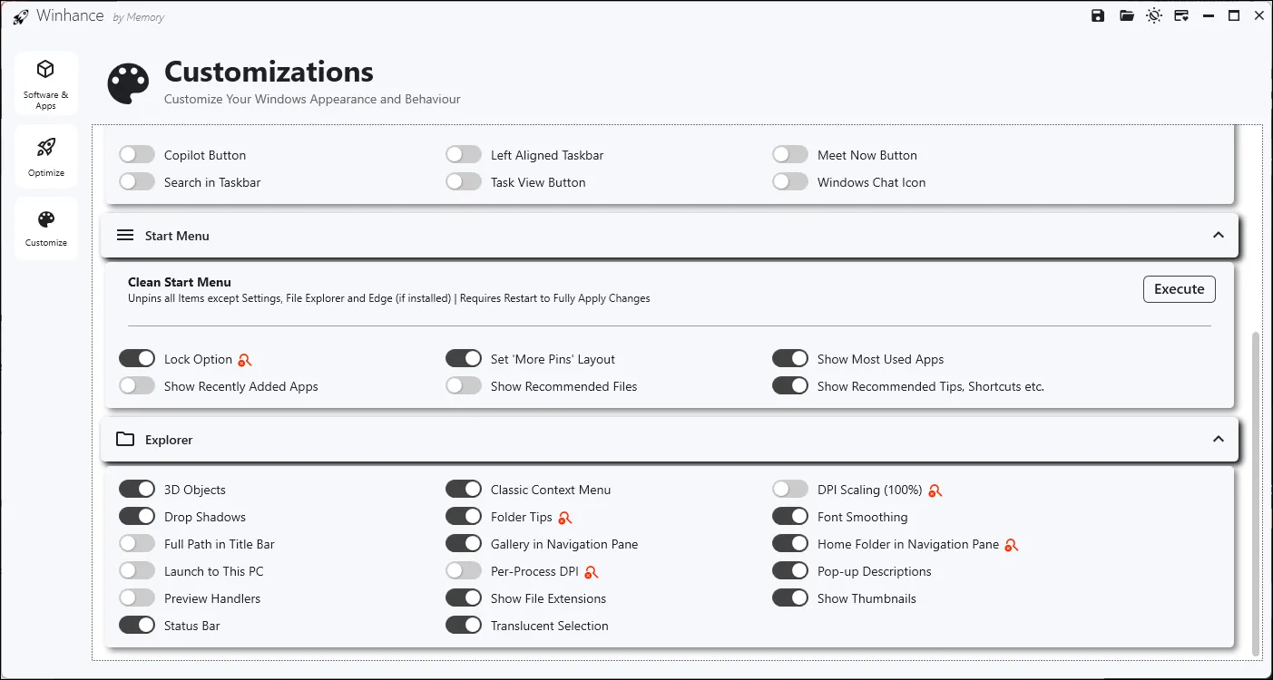 Phần Customization Cleanup Start trong công cụ Winhance trên Windows 11 cho phép dọn dẹp và tùy chỉnh Start Menu
