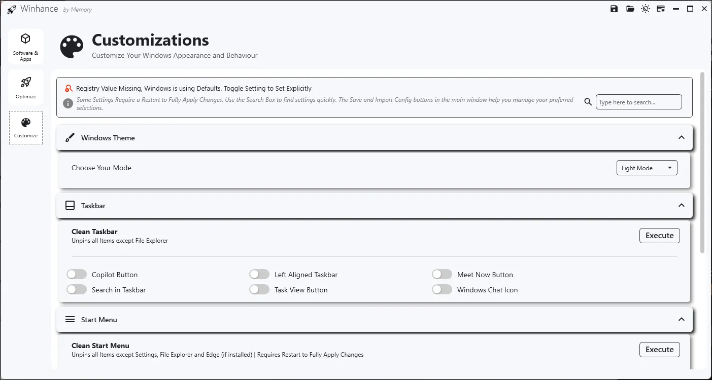 Phần Customization trong công cụ Winhance trên Windows 11 cho phép tùy chỉnh giao diện