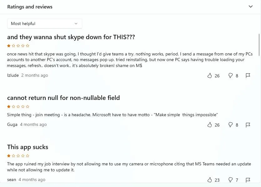 Phần đánh giá chi tiết của người dùng về Microsoft Teams trên Microsoft Store
