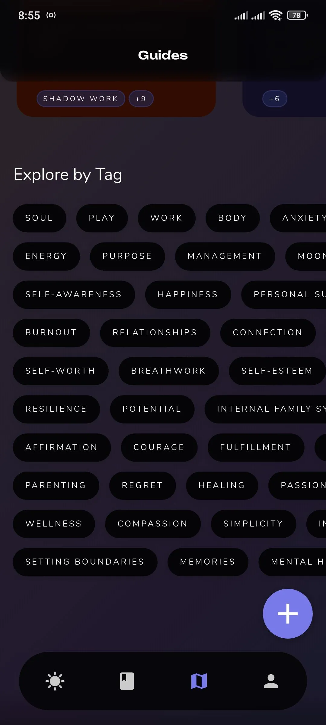 Phân loại hướng dẫn ghi nhật ký theo thẻ (tags) trong Reflection.app, giúp người dùng dễ dàng tìm chủ đề liên quan đến sức khỏe tinh thần hoặc tài chính