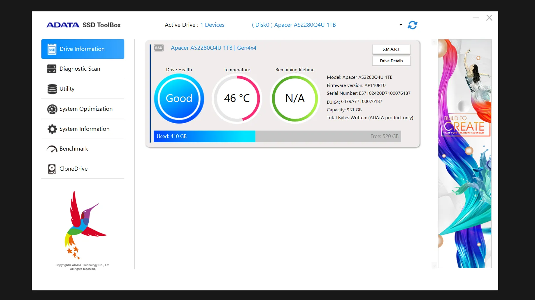 Phần mềm ADATA SSD Toolbox hiển thị trạng thái sức khỏe và thông số kỹ thuật của ổ cứng SSD NVMe, bao gồm chỉ số TBW và nhiệt độ.