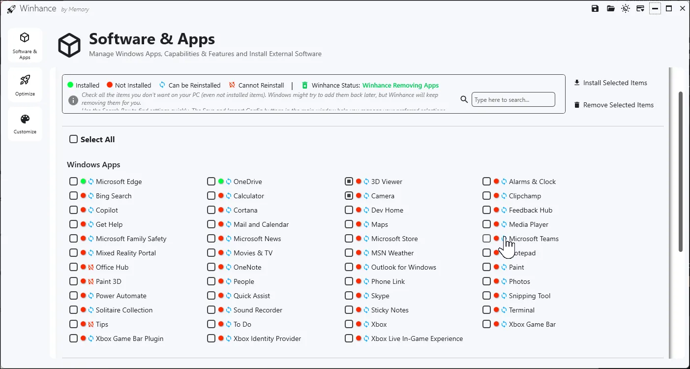 Phần Software & apps trong công cụ Winhance trên Windows 11 hiển thị tùy chọn gỡ bỏ bloatware