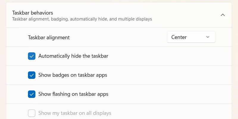 Phần Taskbar behaviors trong cài đặt Windows 11