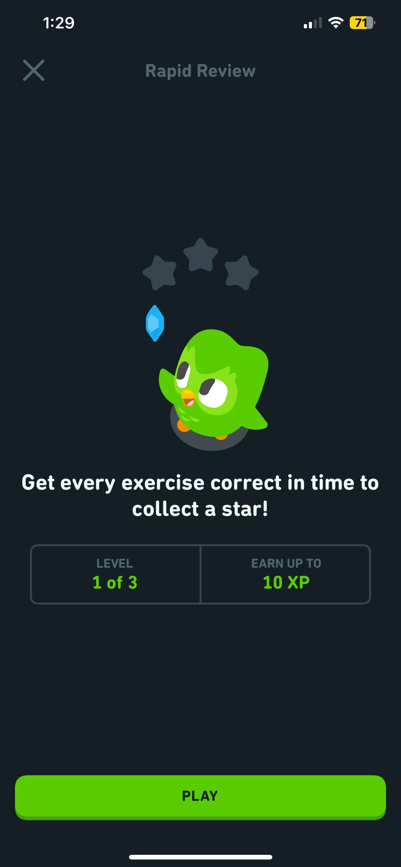 Phiên ôn tập nhanh Duolingo, một trong ba phiên luyện tập được tính giờ