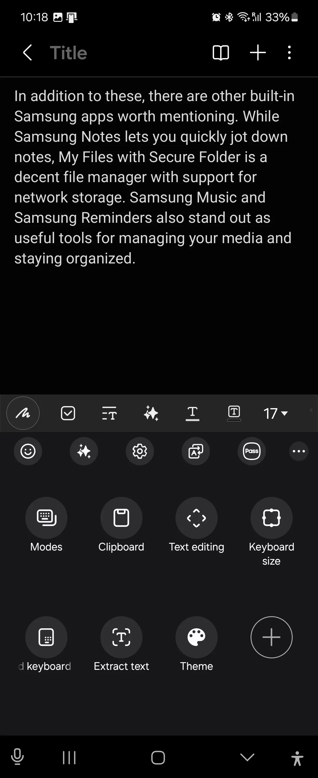 Phím tắt tiện ích Samsung Keyboard trong Samsung Notes