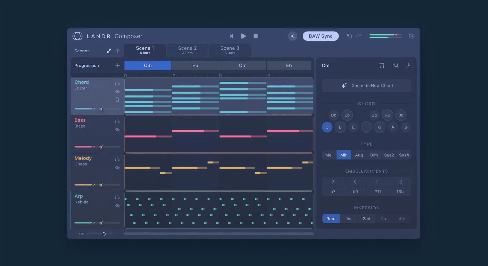Plugin LANDR Composer trong một DAW, hiển thị các yếu tố nhạc như arpeggios, basslines, melodies và beats.