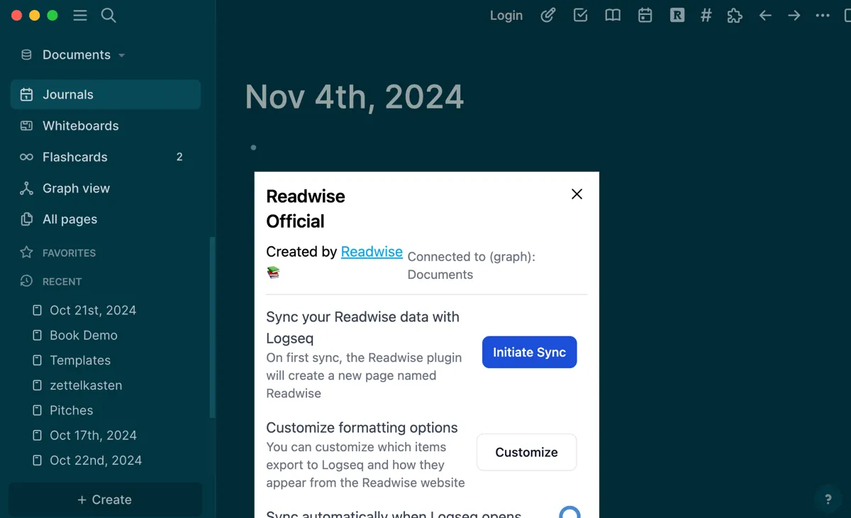Plugin Readwise tích hợp trong Logseq giúp đồng bộ hóa các đoạn highlight đã đọc
