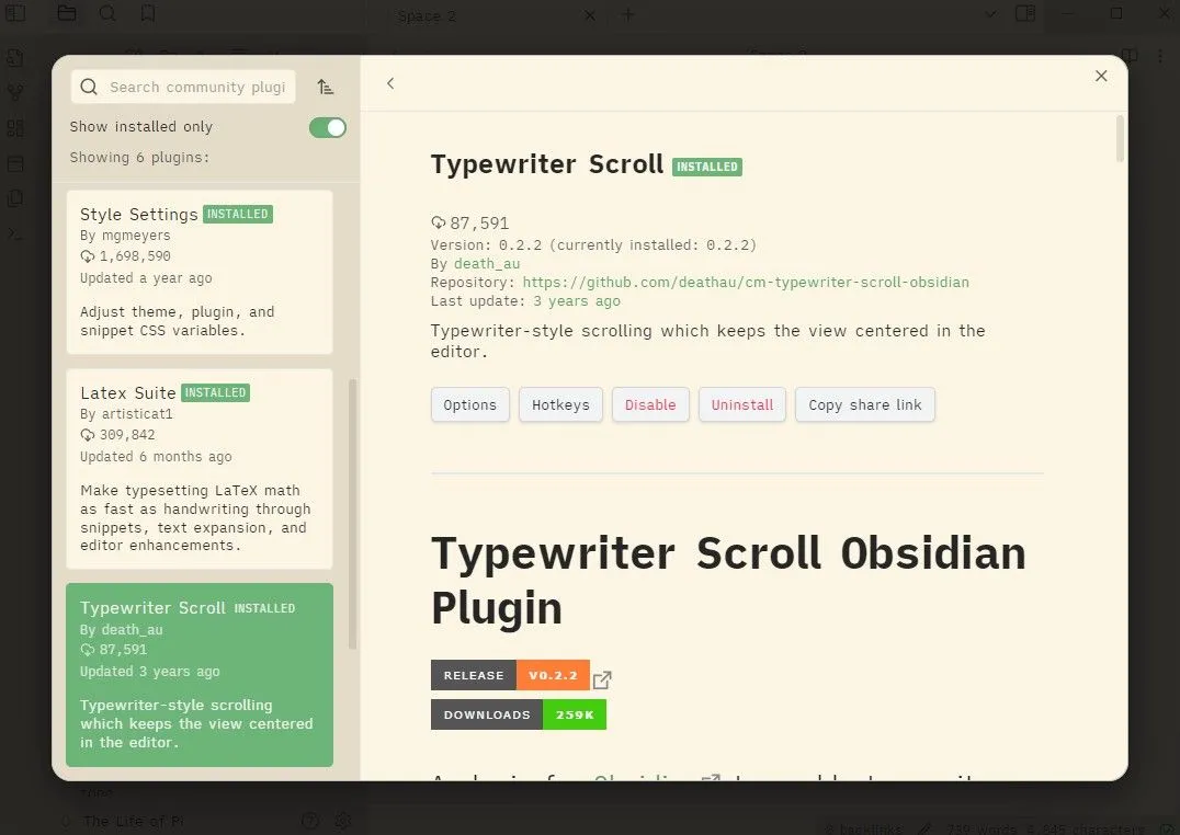 Plugin Typewriter Scroll đang hoạt động trong Obsidian, giữ dòng văn bản hiện tại ở giữa màn hình