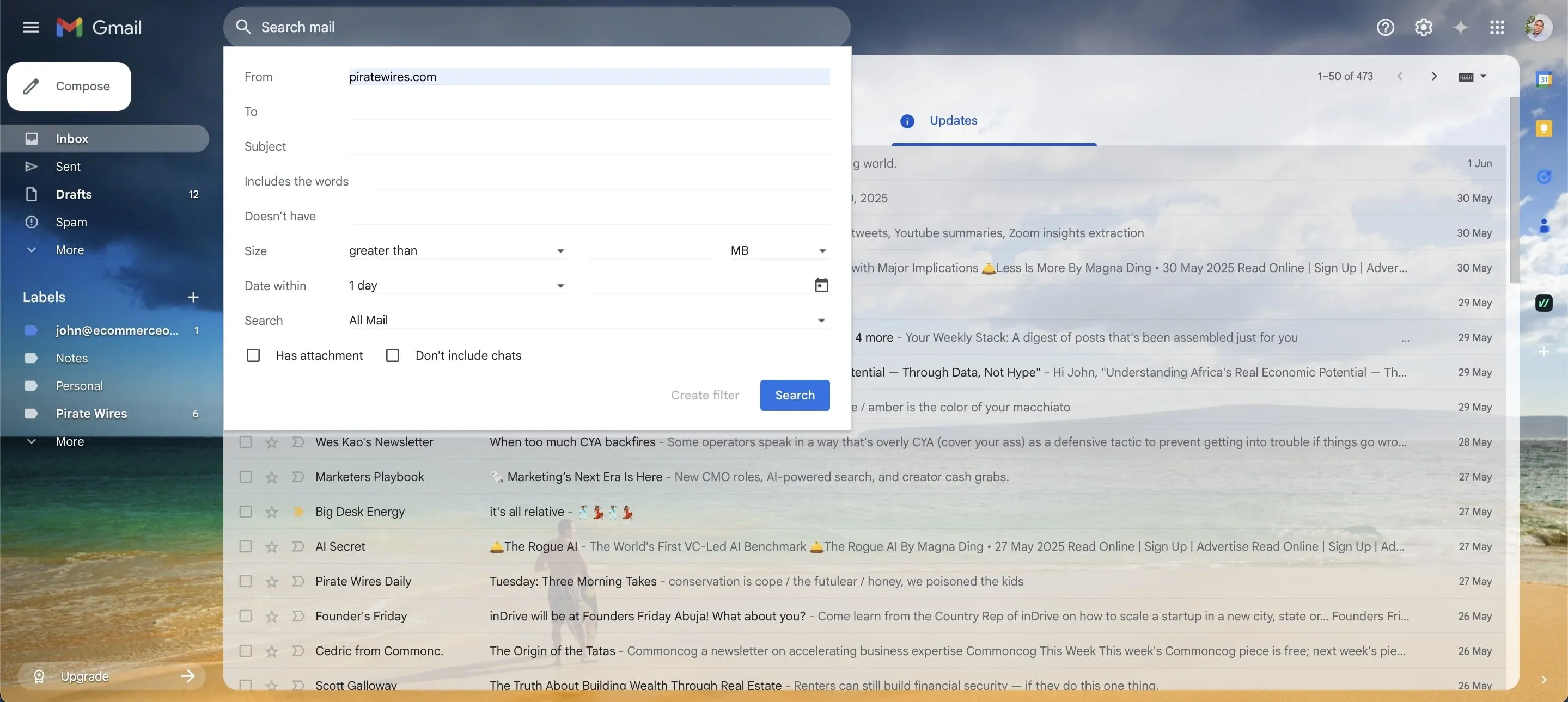 Quá trình tạo bộ lọc thư mới trong Gmail qua bảng điều khiển tìm kiếm nâng cao