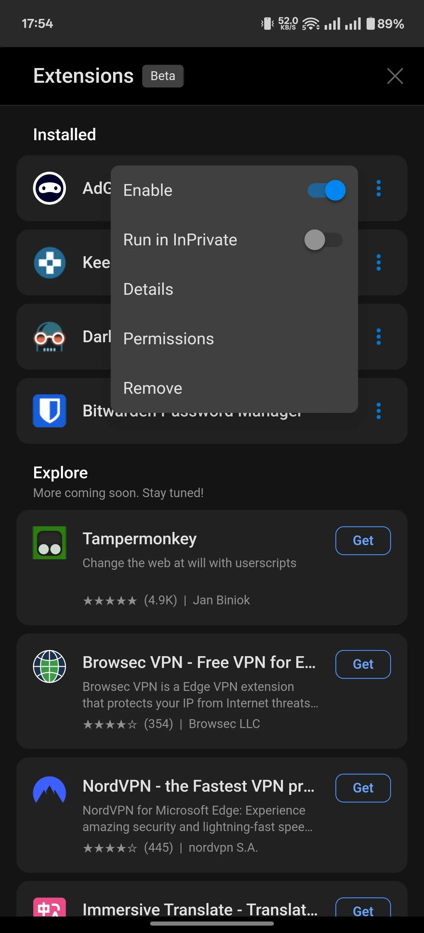 Quản lý các tùy chọn của tiện ích mở rộng đã cài đặt trên Edge Android