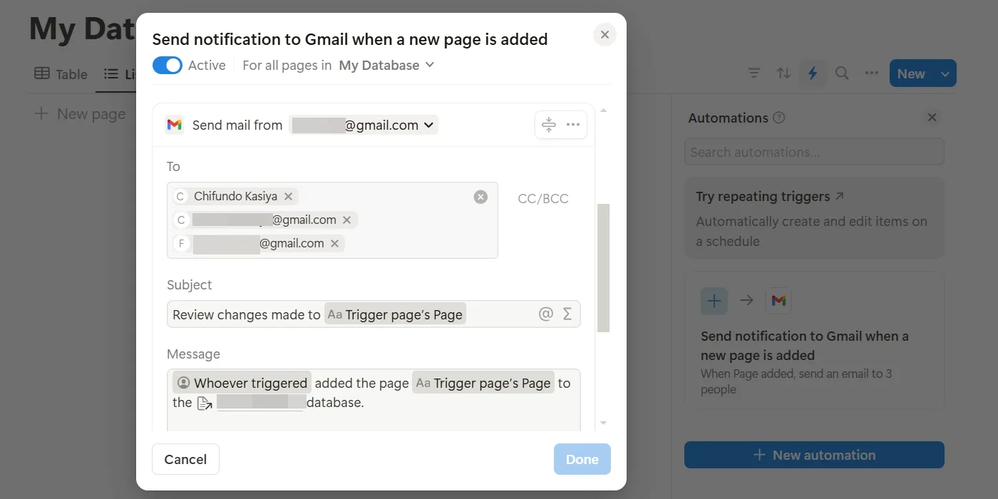 Quy trình tự động hóa gửi email thông báo từ Notion qua Gmail.
