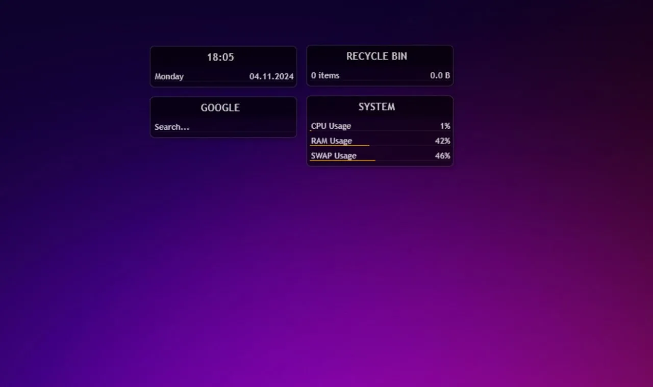 Rainmeter hiển thị skin Illustro mặc định trên desktop Windows với các widget đồng hồ và thông số hệ thống