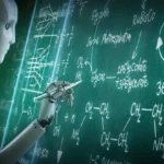 Robot AI đang thực hiện các phép toán phức tạp trên bảng, thể hiện khả năng 'tư duy' sâu của mô hình AI suy luận.