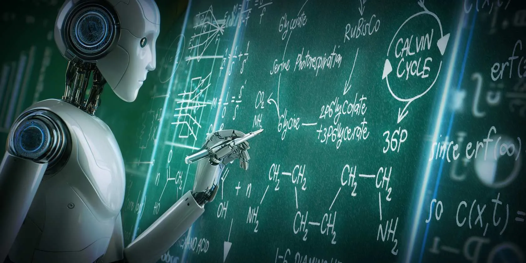 Robot AI đang thực hiện các phép toán phức tạp trên bảng, thể hiện khả năng 'tư duy' sâu của mô hình AI suy luận.
