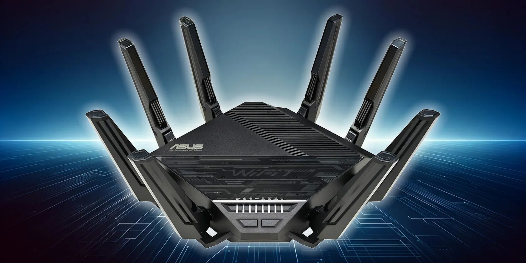Router ASUS Wi-Fi 7 hiện đại với thiết kế công nghệ tương lai, minh họa cho tiêu chuẩn hiệu suất cao