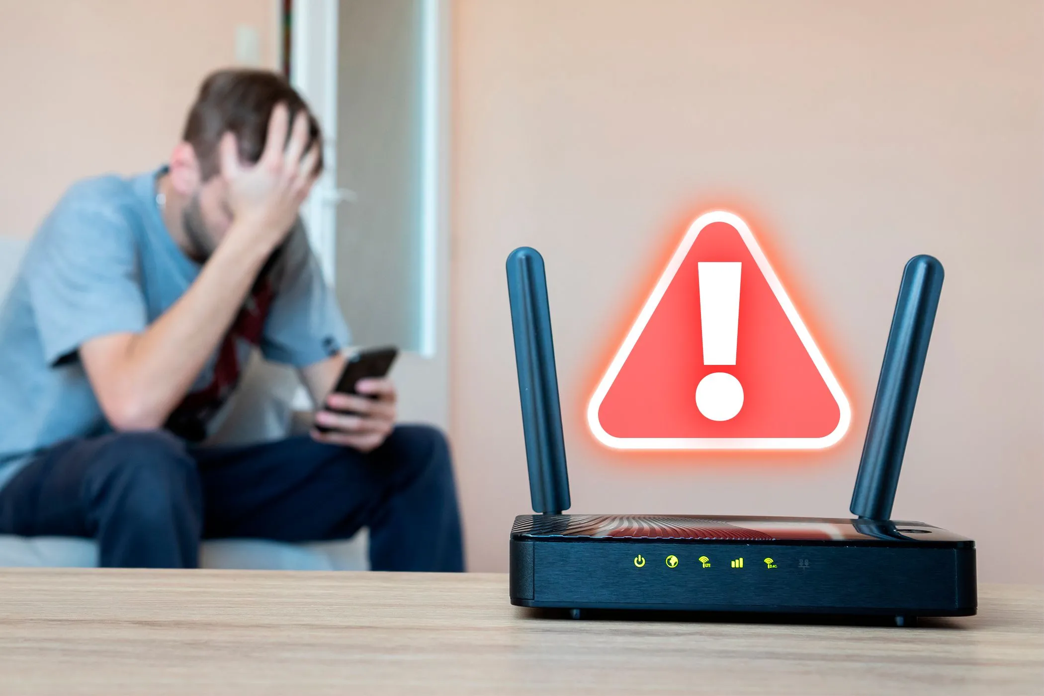 Router Wi-Fi báo lỗi và người dùng bực tức, minh họa các vấn đề kết nối Wi-Fi mà Ethernet có thể khắc phục