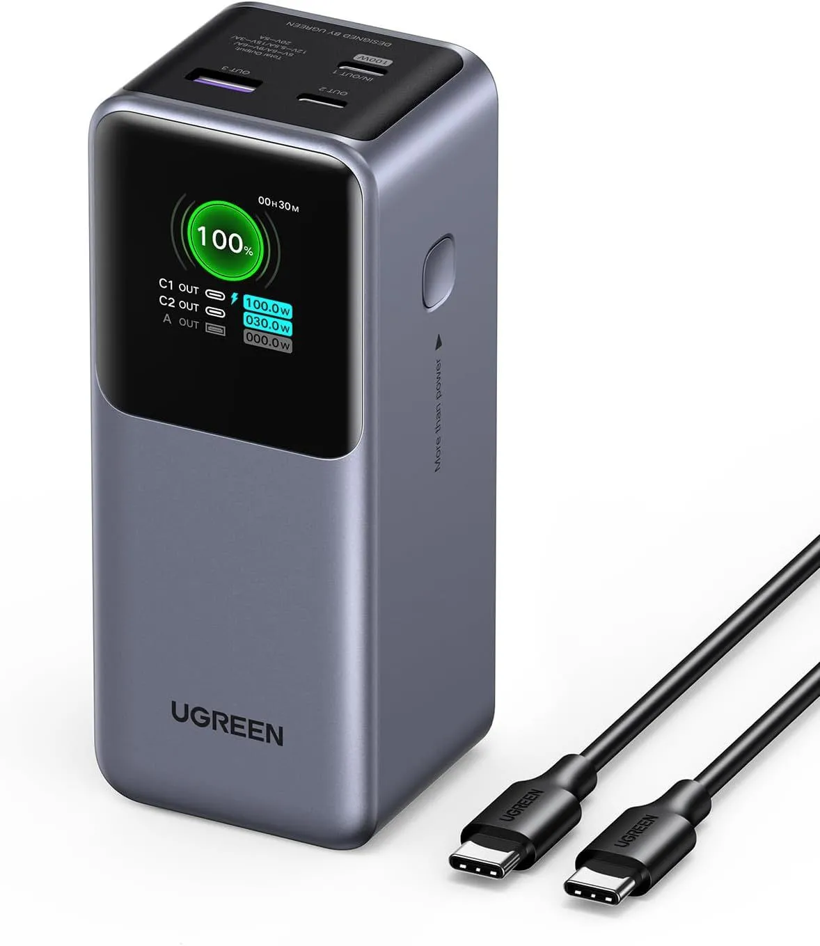 Sạc dự phòng Ugreen Nexode 20000mAh 130W với các cổng sạc và màn hình hiển thị