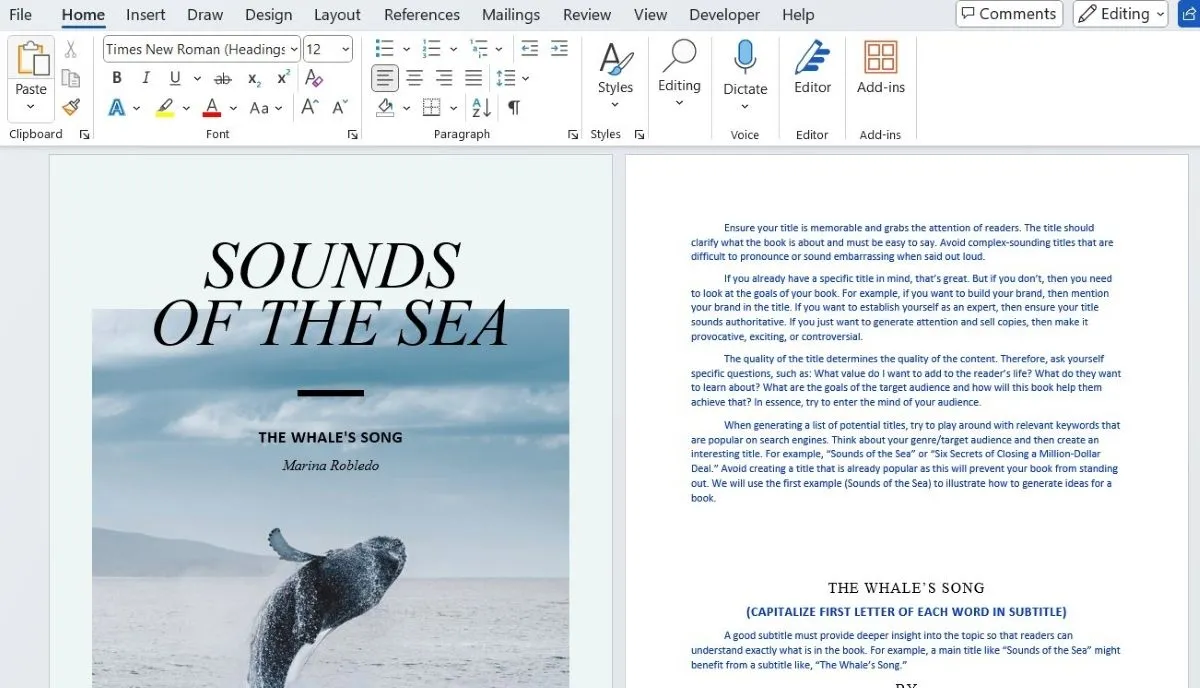 Sách điện tử &quot;Sounds of the sea&quot; được hiển thị trong tài liệu Word