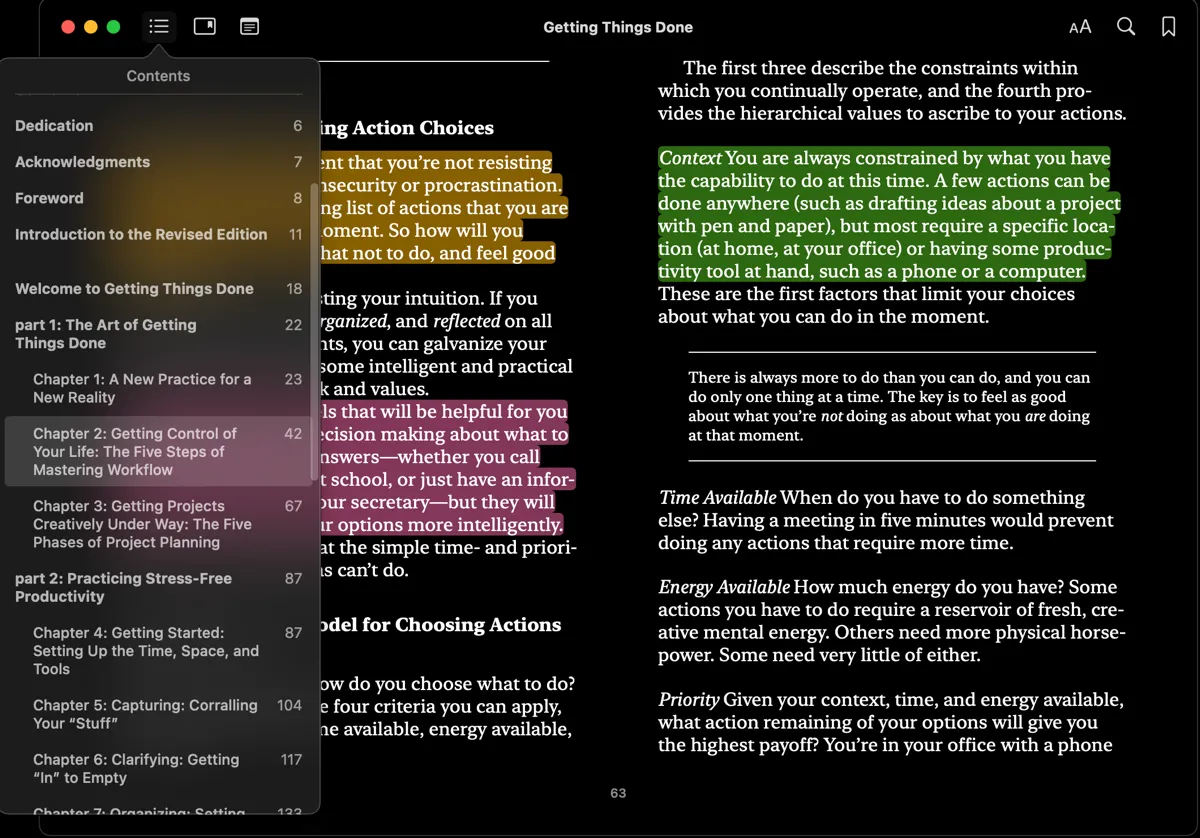 Sách &quot;Getting Things Done&quot; trên ứng dụng Apple Books minh họa việc ghi chú khi đọc
