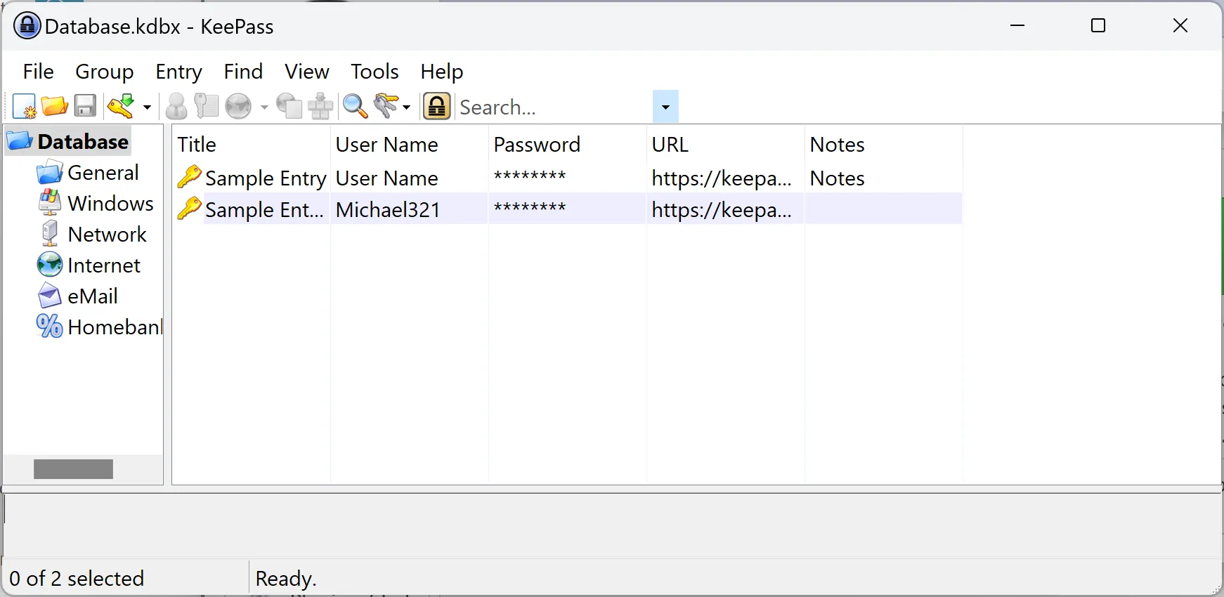 saving my passwords using a sample keepass database