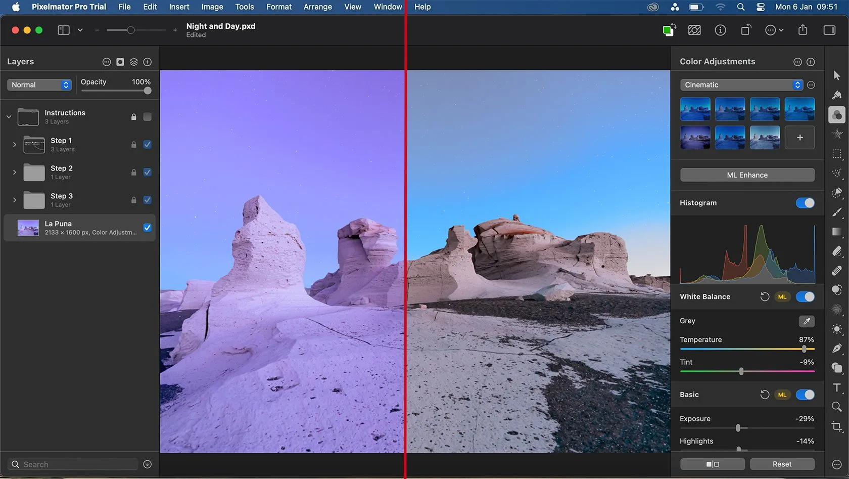 So sánh ảnh trước và sau khi sử dụng tính năng ML Enhance tự động của Pixelmator Pro