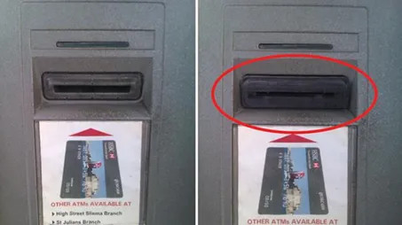 So sánh cây ATM có và không có thiết bị skimming thẻ, minh họa sự khác biệt