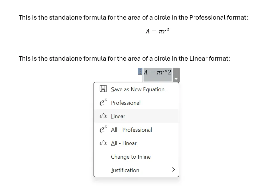 So sánh định dạng Professional và Linear cho công thức toán học trong Microsoft Word.