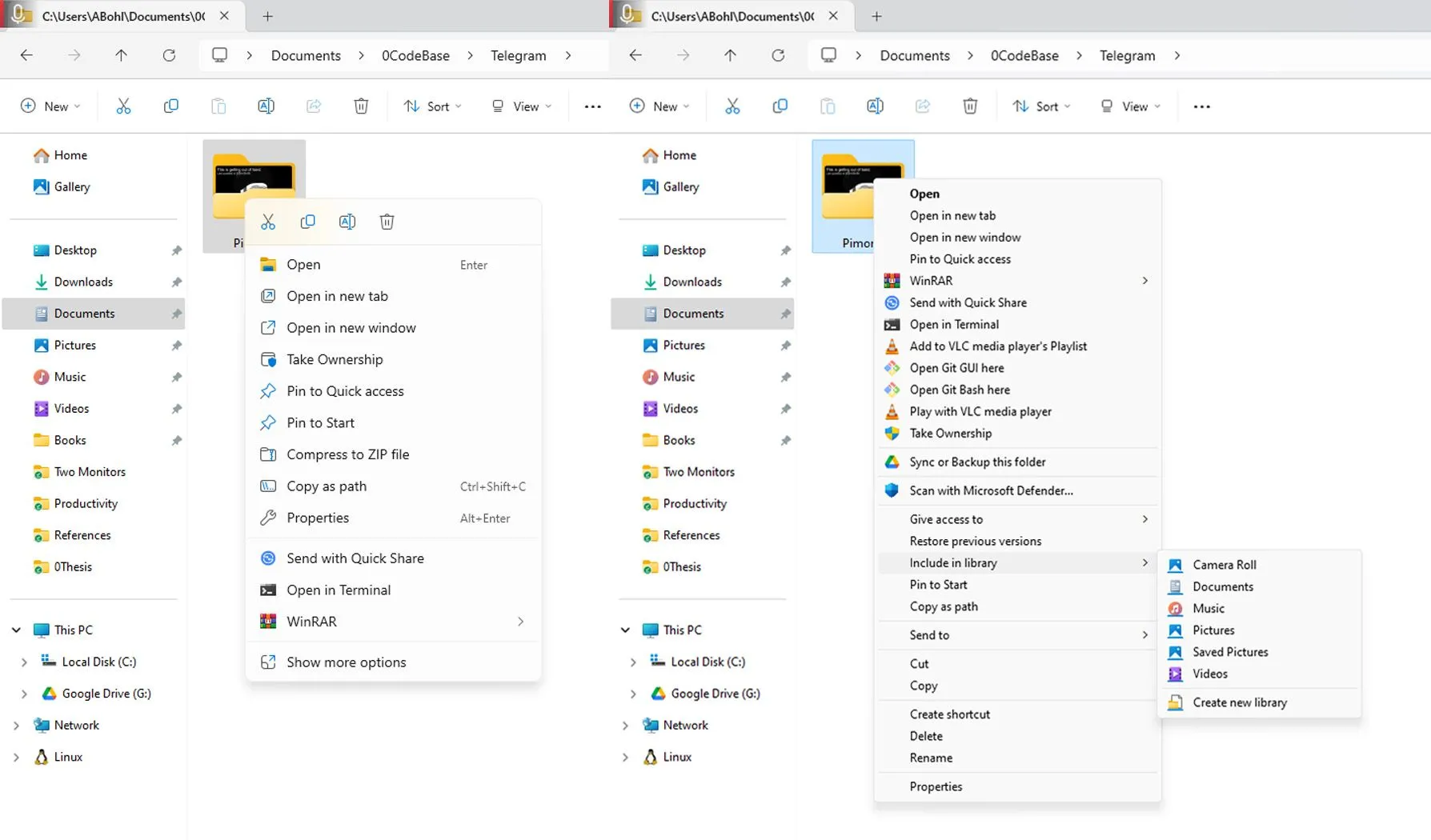 So sánh giao diện menu chuột phải mới của Windows 11 và menu ngữ cảnh cổ điển.