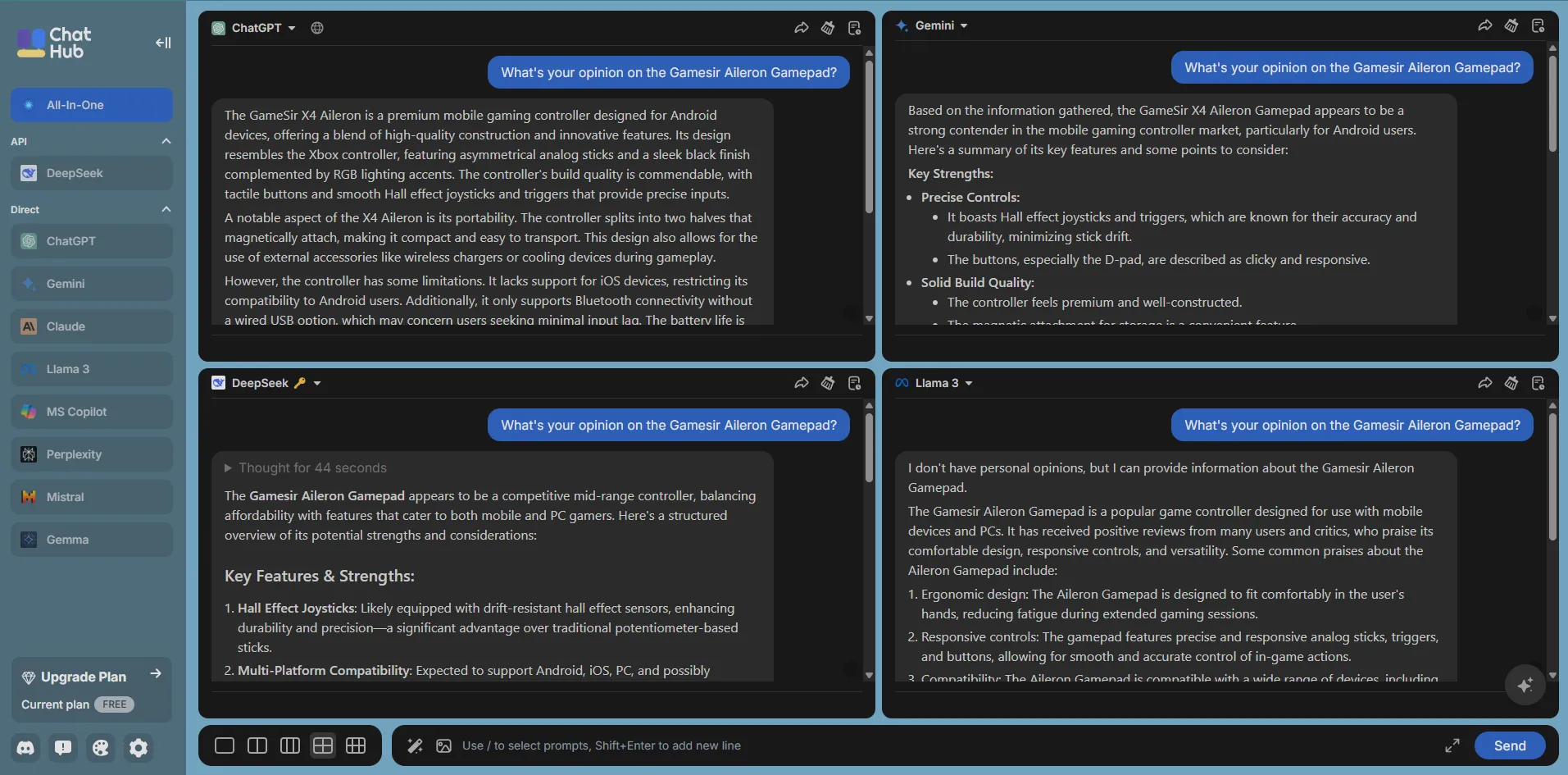 So sánh hiệu suất và phản hồi của nhiều mô hình chatbot AI khác nhau trên giao diện của ChatHub.
