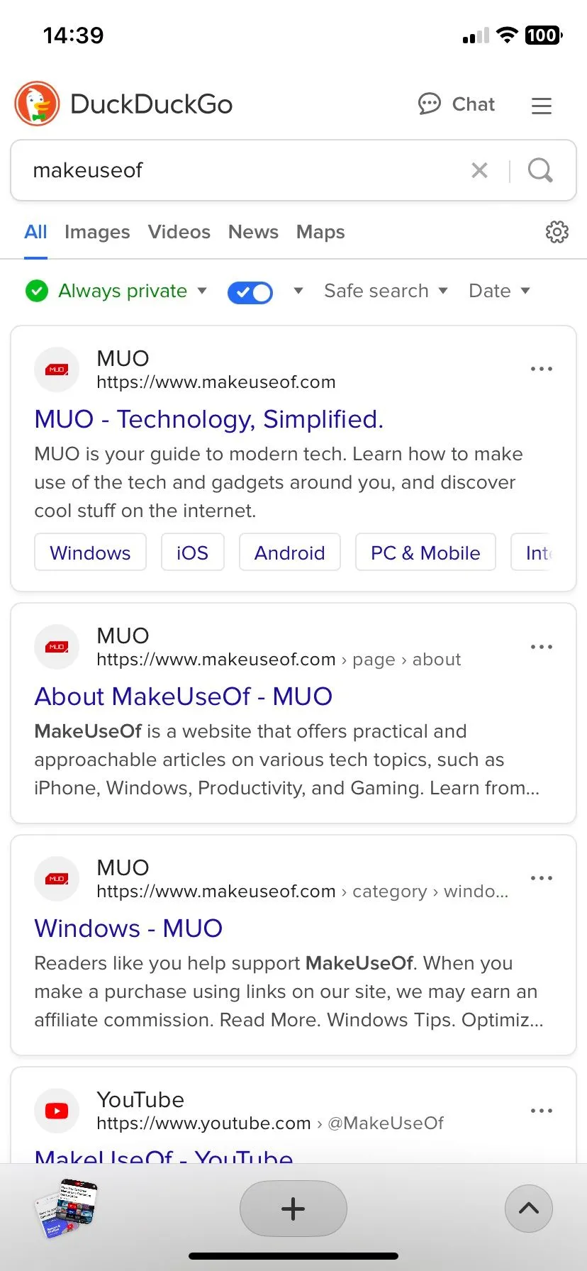 Sử dụng công cụ tìm kiếm DuckDuckGo trong Arc Search trên iPhone, minh chứng cho việc ưu tiên quyền riêng tư
