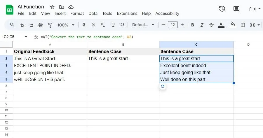 Sử dụng hàm AI() để tự động chuyển đổi một dải ô sang định dạng câu trong Google Sheets.