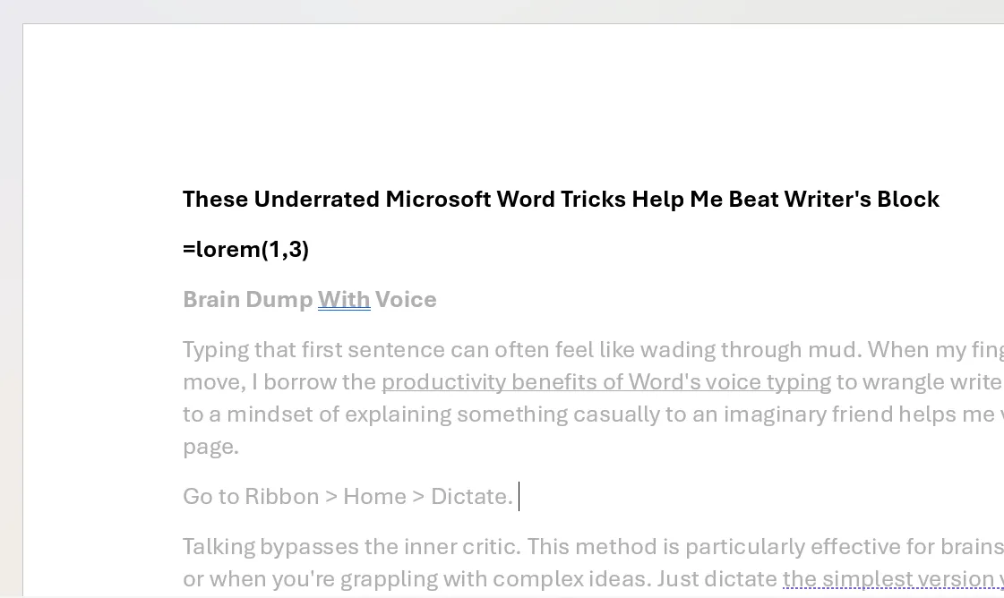 Sử dụng hàm =lorem() hoặc =rand() để chèn văn bản giữ chỗ (dummy text) trong Microsoft Word, giúp duy trì luồng viết.