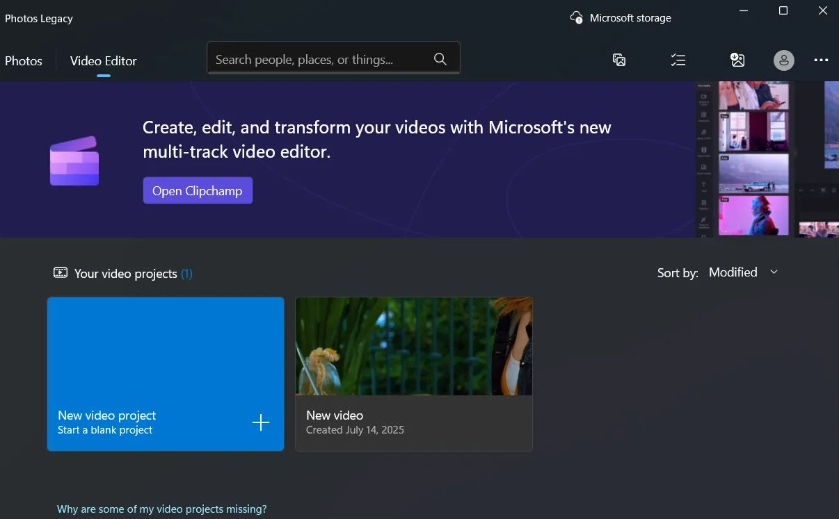 Tab chỉnh sửa video của ứng dụng Windows Photos Legacy, cho phép chỉnh sửa phim cơ bản