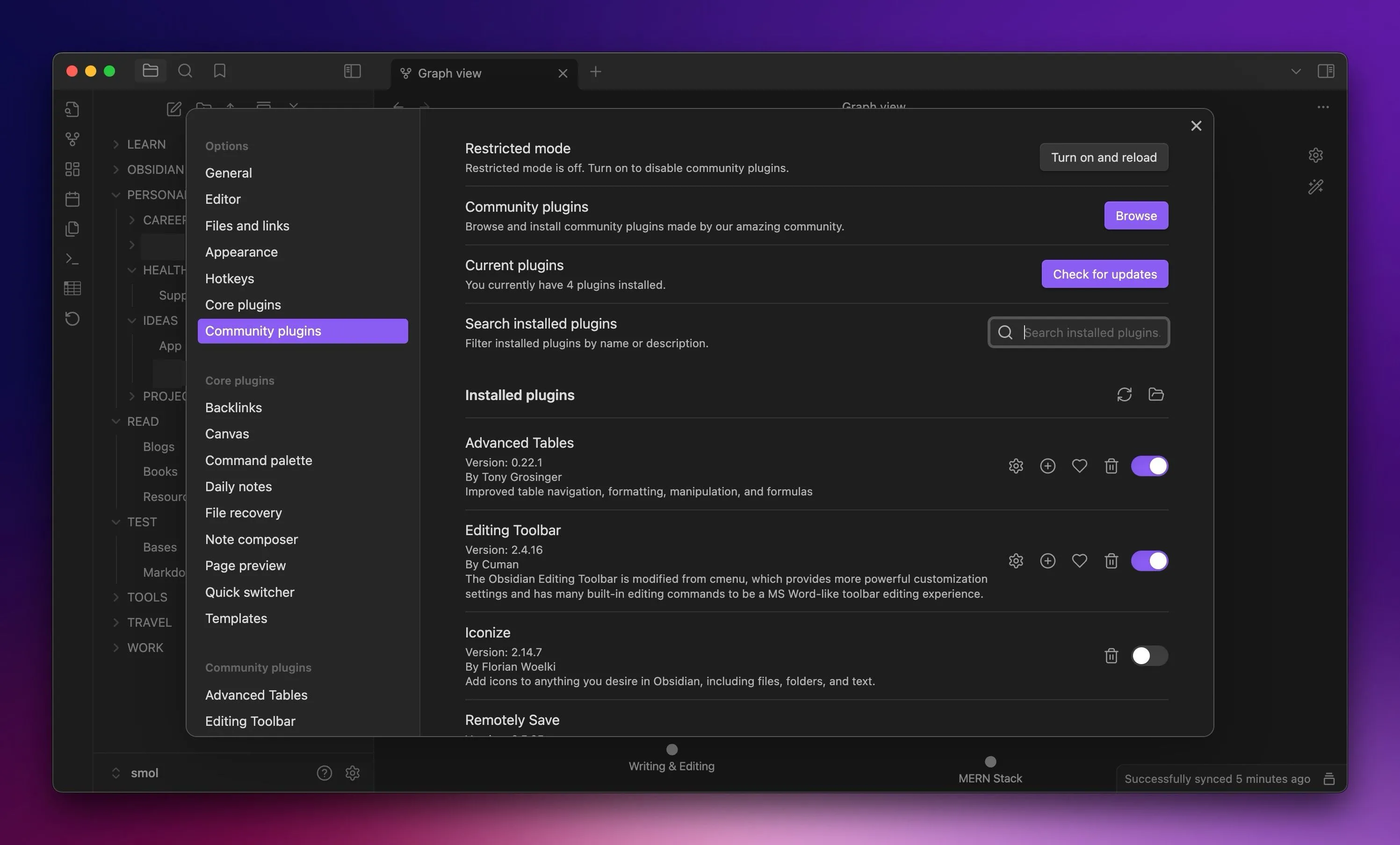 Tab Cộng đồng Plugins (Community Plugins) trong Obsidian trên máy Mac