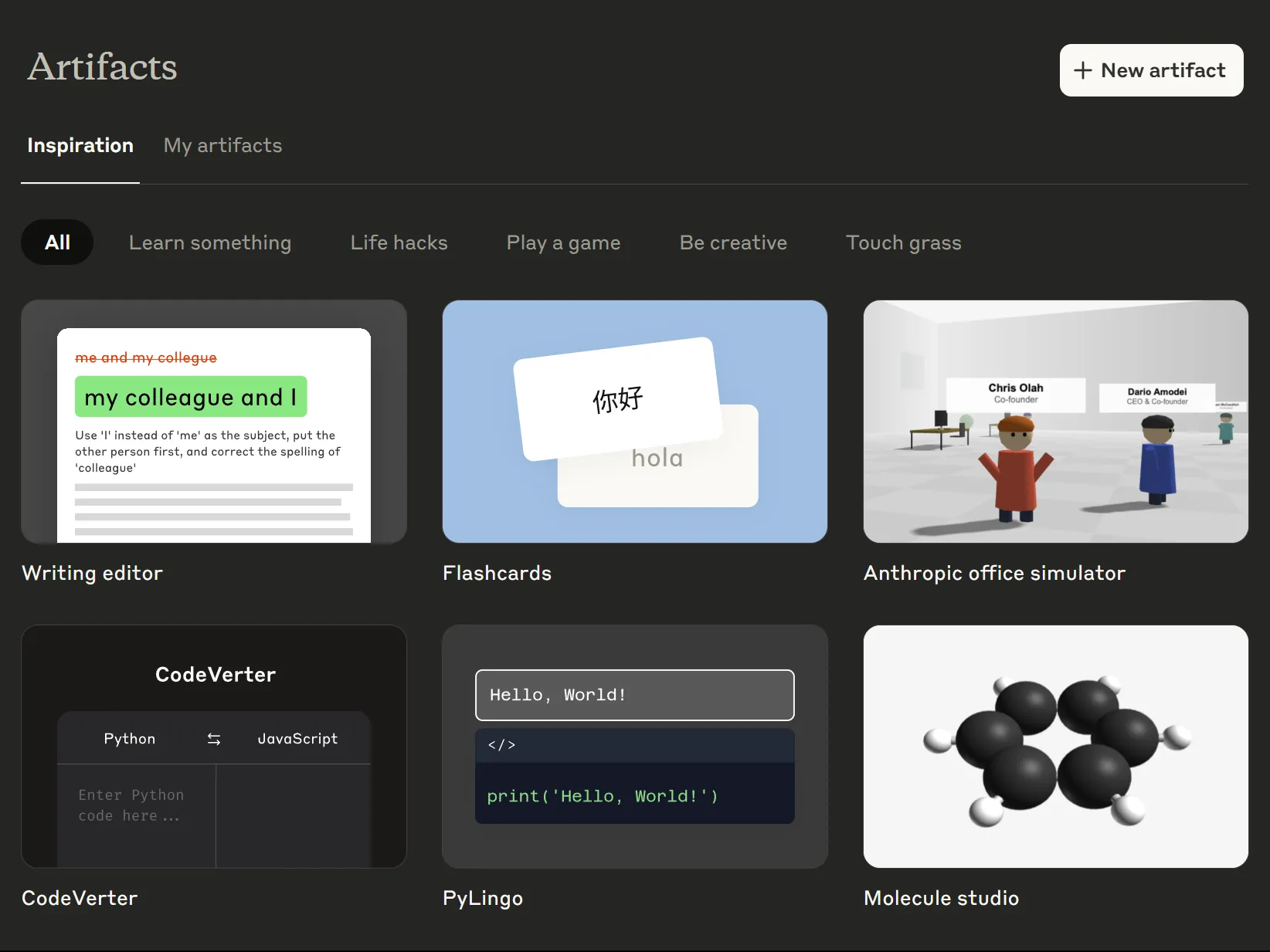 Tab Inspiration trong ứng dụng web Claude Artifacts
